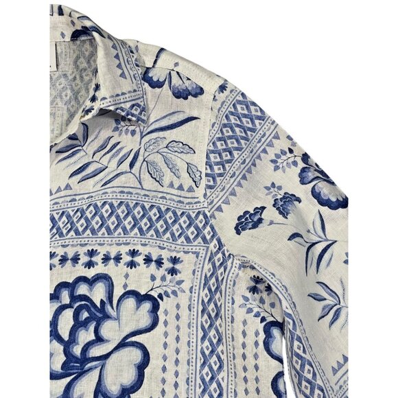 H by Halston Women’s Small Linen Blue White Floral Blouse - Picture 7 of 9